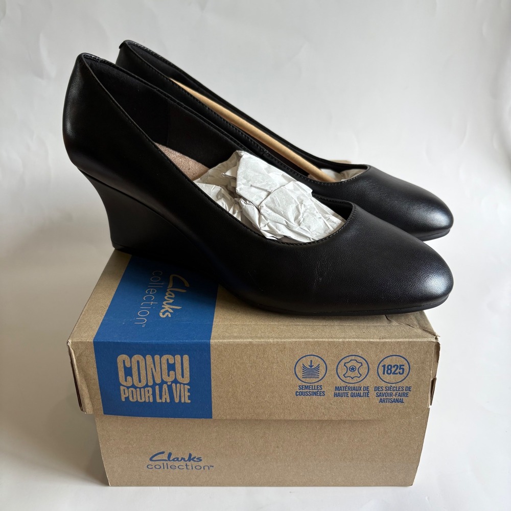 Clarks Collection Olivette Pearl‎ Black Leather Wedge Pumps Womens 10 M New